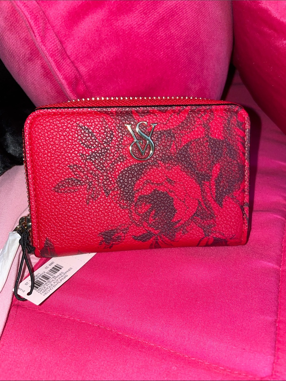 Victoria's Secret Red Wallet with Black Floral Print and VS Logo